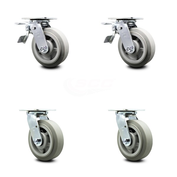 6 Inch Thermoplastic Rubber Caster Set with Ball Bearing 2 Total Lock Brake SCC